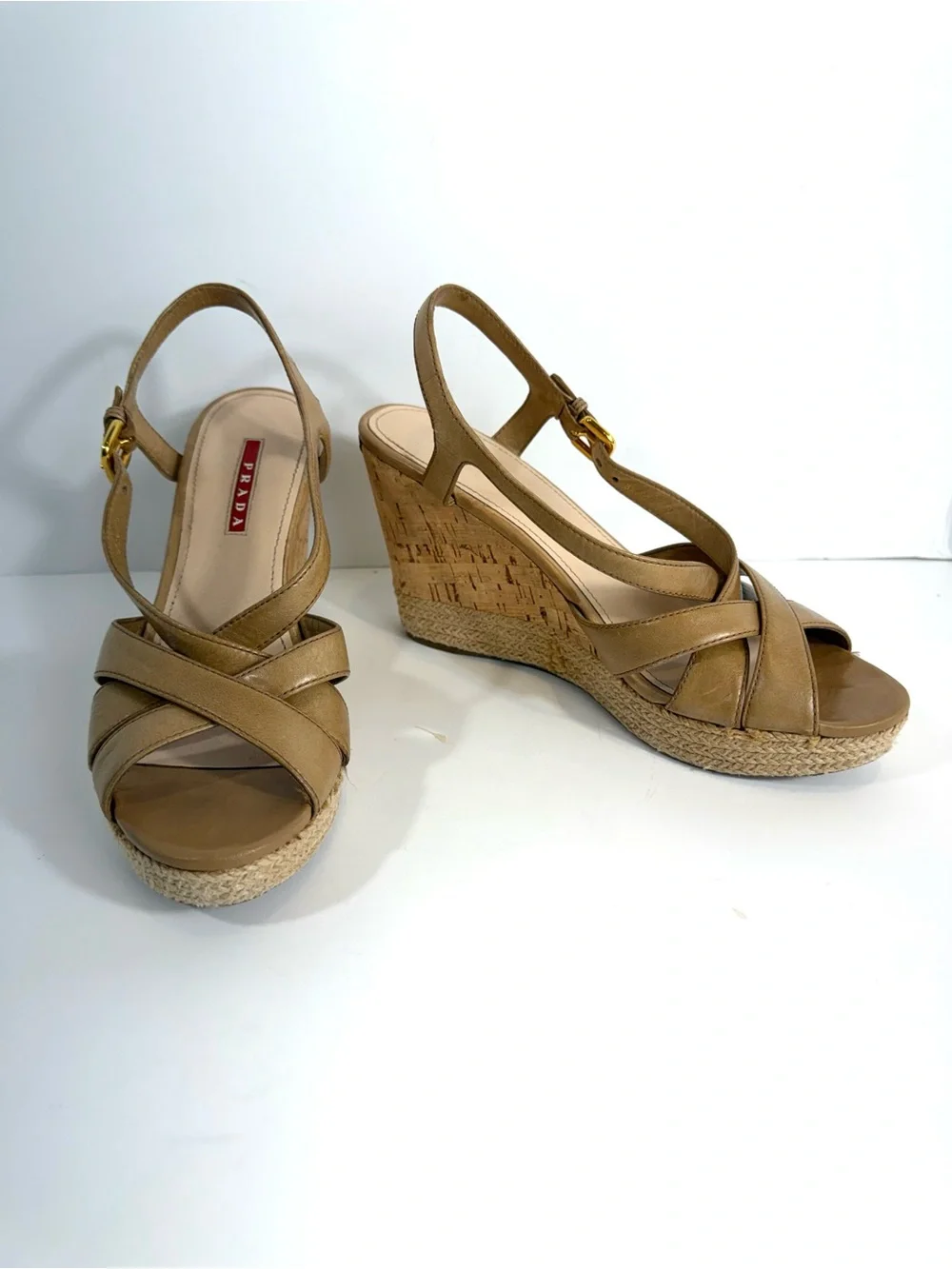 Prada Leather Cork Espadrille Wedge Sandals EU 39 US 9 Tan Slingback Italy